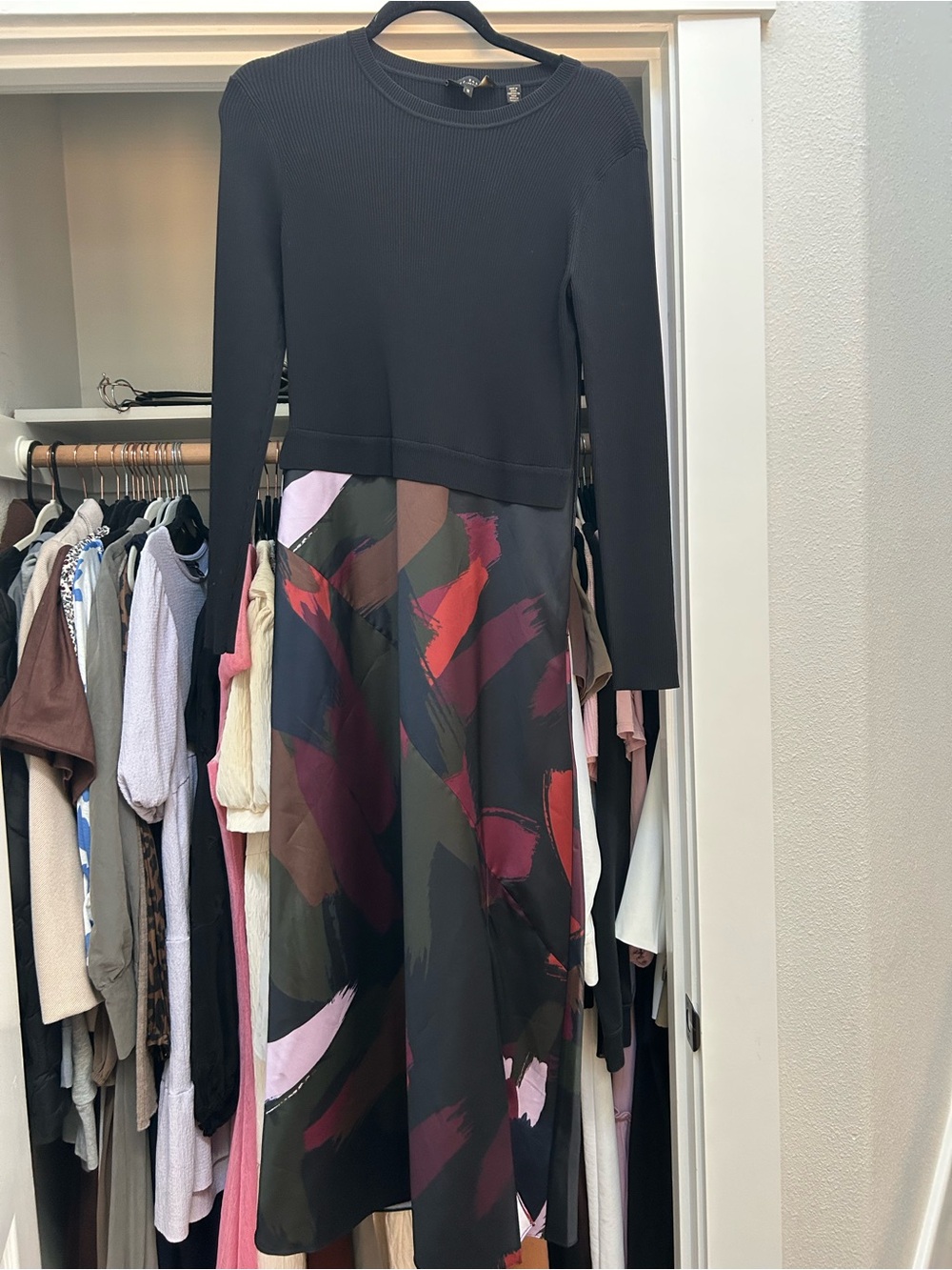 Ted Baker Black Top Mixed-Print Midi Dress (Black, Red, Pink, Olive)